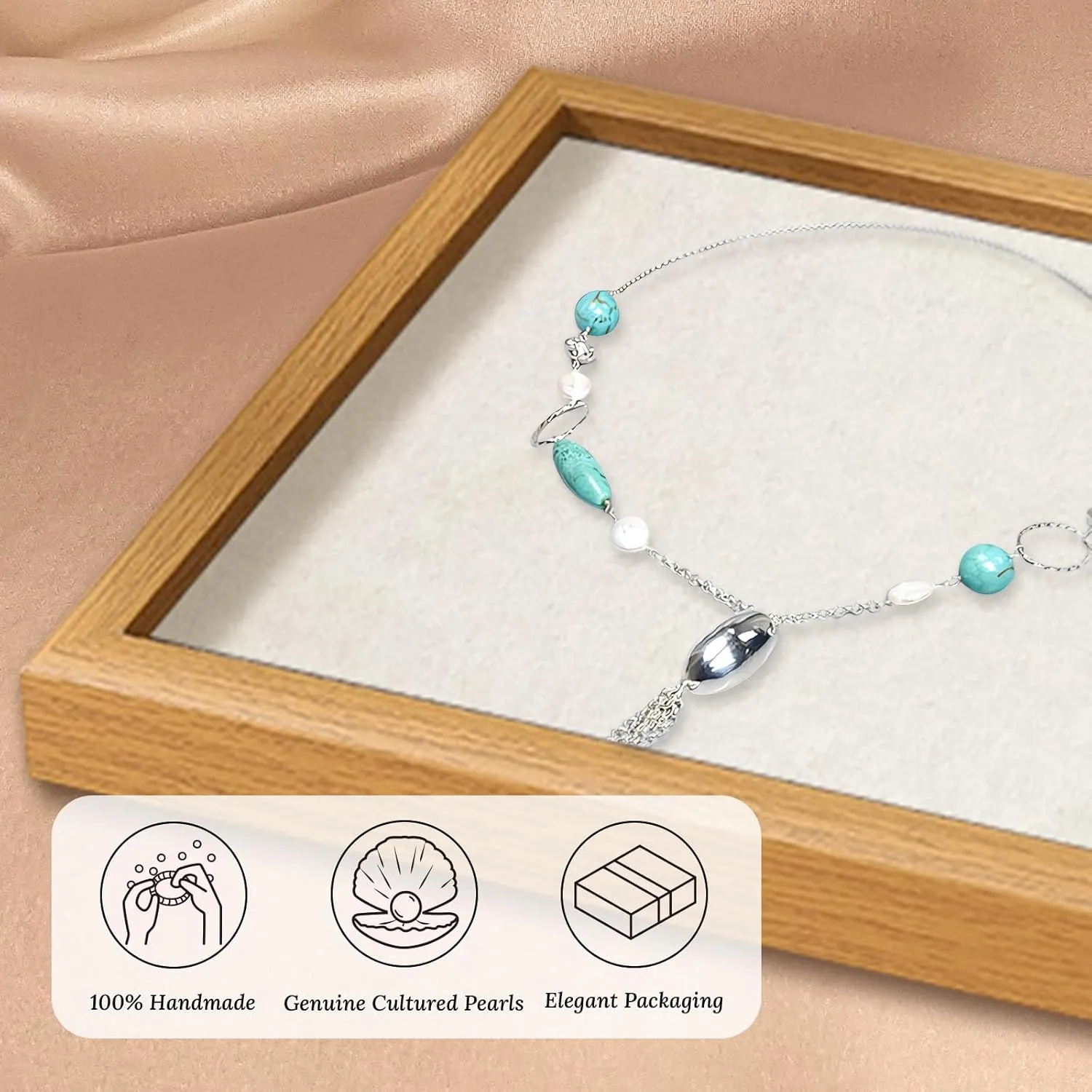16" Freshwater Pearl Necklace - Baroque Necklace with Green Opal, Turquoise, Silver Clasp - Real Pearls Strand with Vintage Beaded Charms Luxury Jewelry Gift