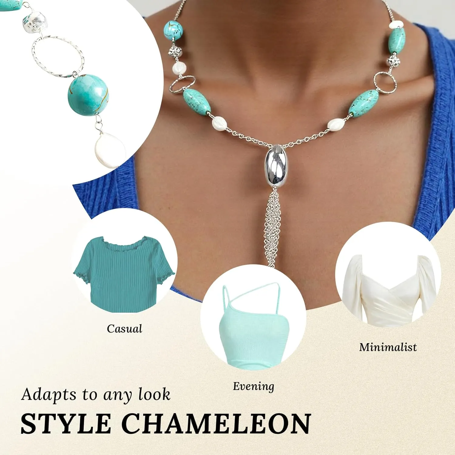 16" Freshwater Pearl Necklace - Baroque Necklace with Green Opal, Turquoise, Silver Clasp - Real Pearls Strand with Vintage Beaded Charms Luxury Jewelry Gift