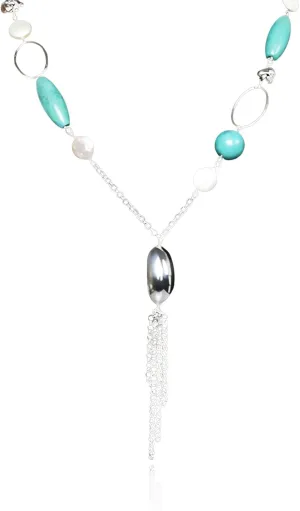 16" Freshwater Pearl Necklace - Baroque Necklace with Green Opal, Turquoise, Silver Clasp - Real Pearls Strand with Vintage Beaded Charms Luxury Jewelry Gift