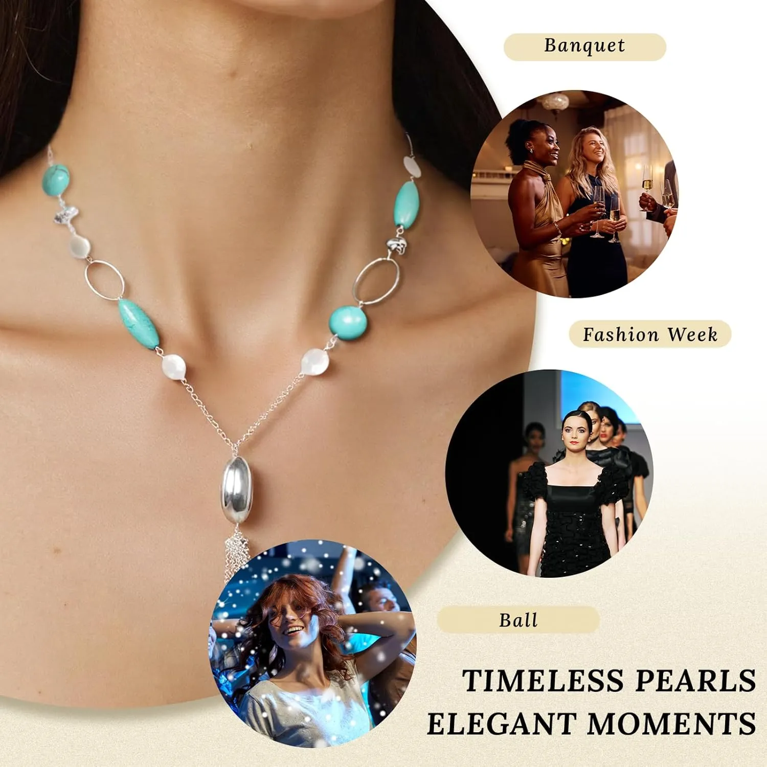 16" Freshwater Pearl Necklace - Baroque Necklace with Green Opal, Turquoise, Silver Clasp - Real Pearls Strand with Vintage Beaded Charms Luxury Jewelry Gift