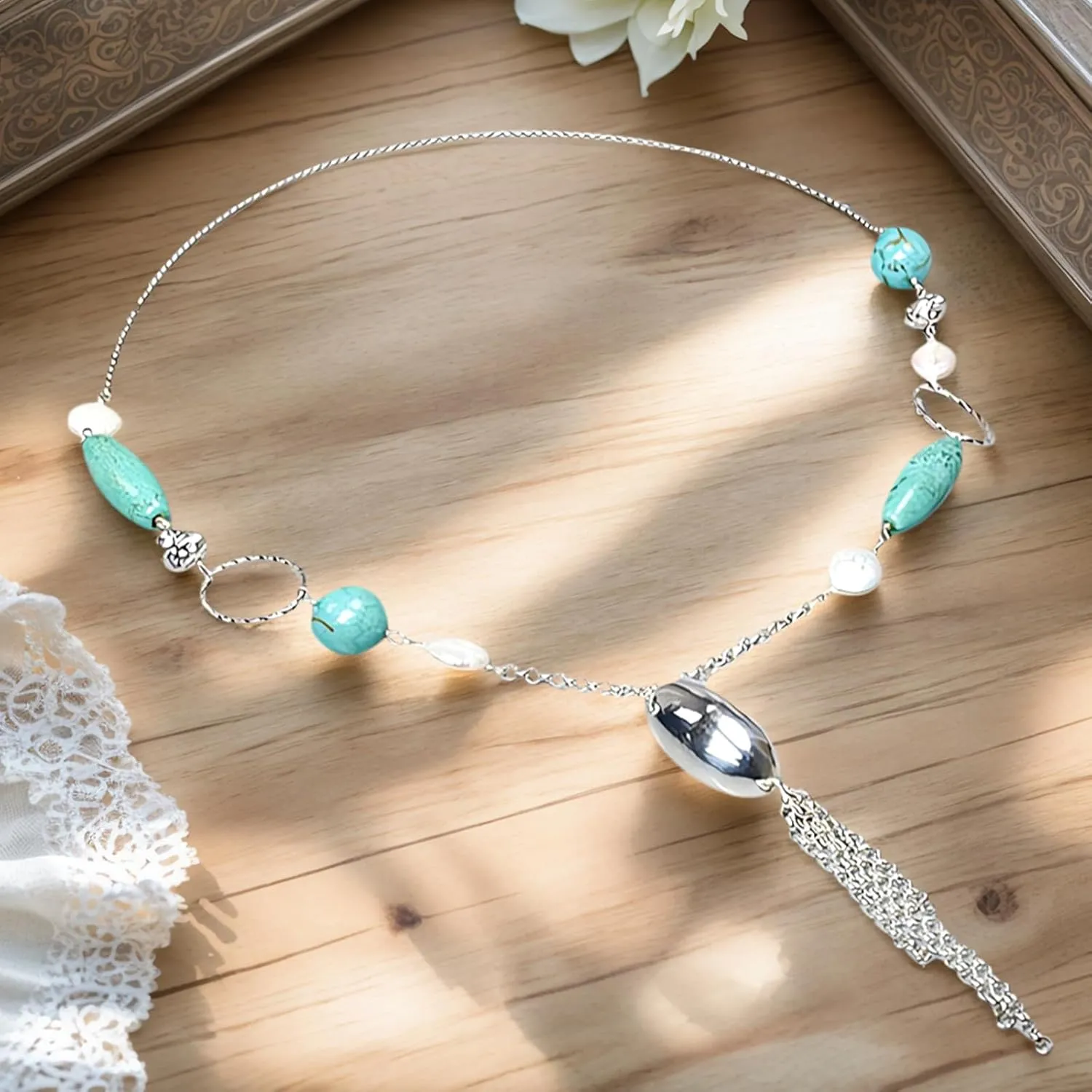 16" Freshwater Pearl Necklace - Baroque Necklace with Green Opal, Turquoise, Silver Clasp - Real Pearls Strand with Vintage Beaded Charms Luxury Jewelry Gift