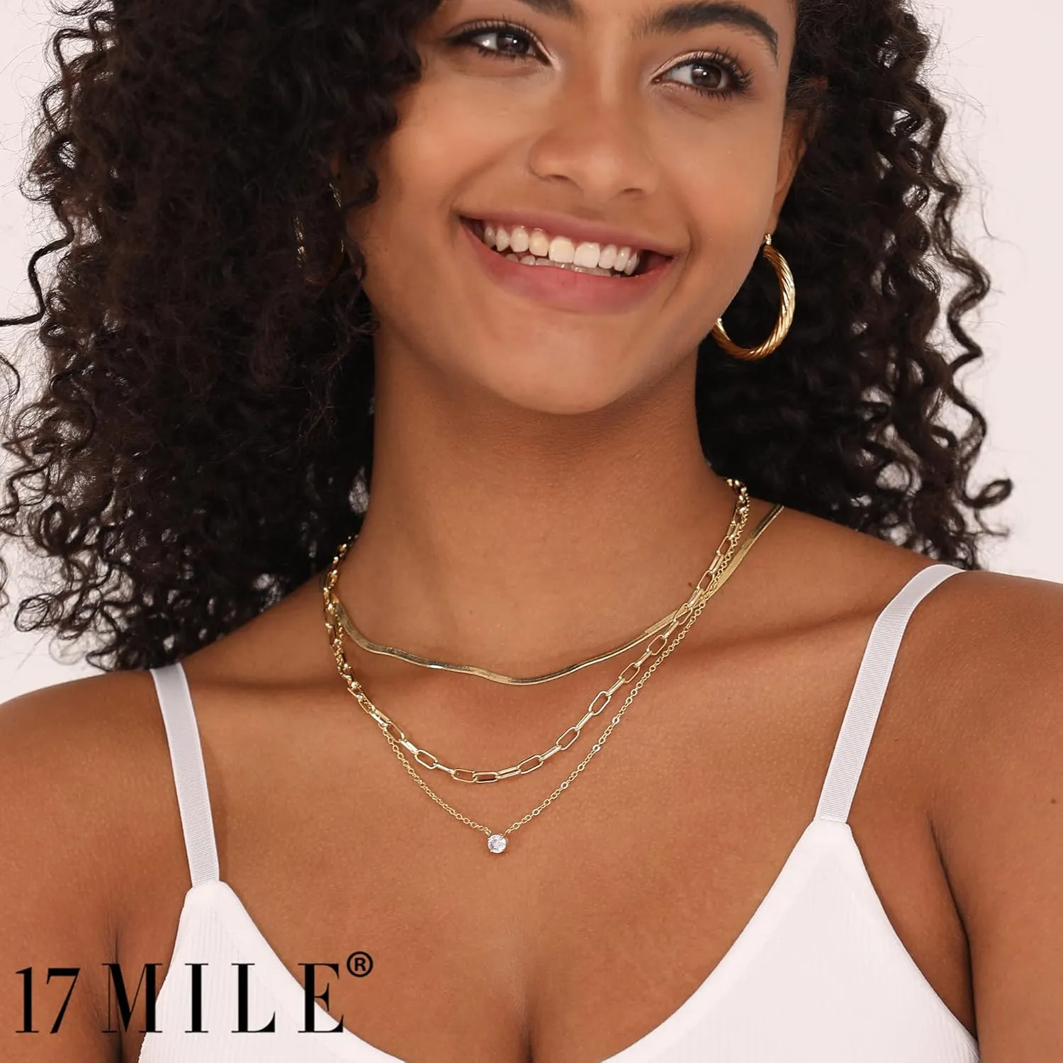 17 MILE Gold Layered Choker Necklace for Women, 14K Real Gold Plated CZ Pendant Necklace, Dainty Flat Snake Chain Layering Necklace for Gift