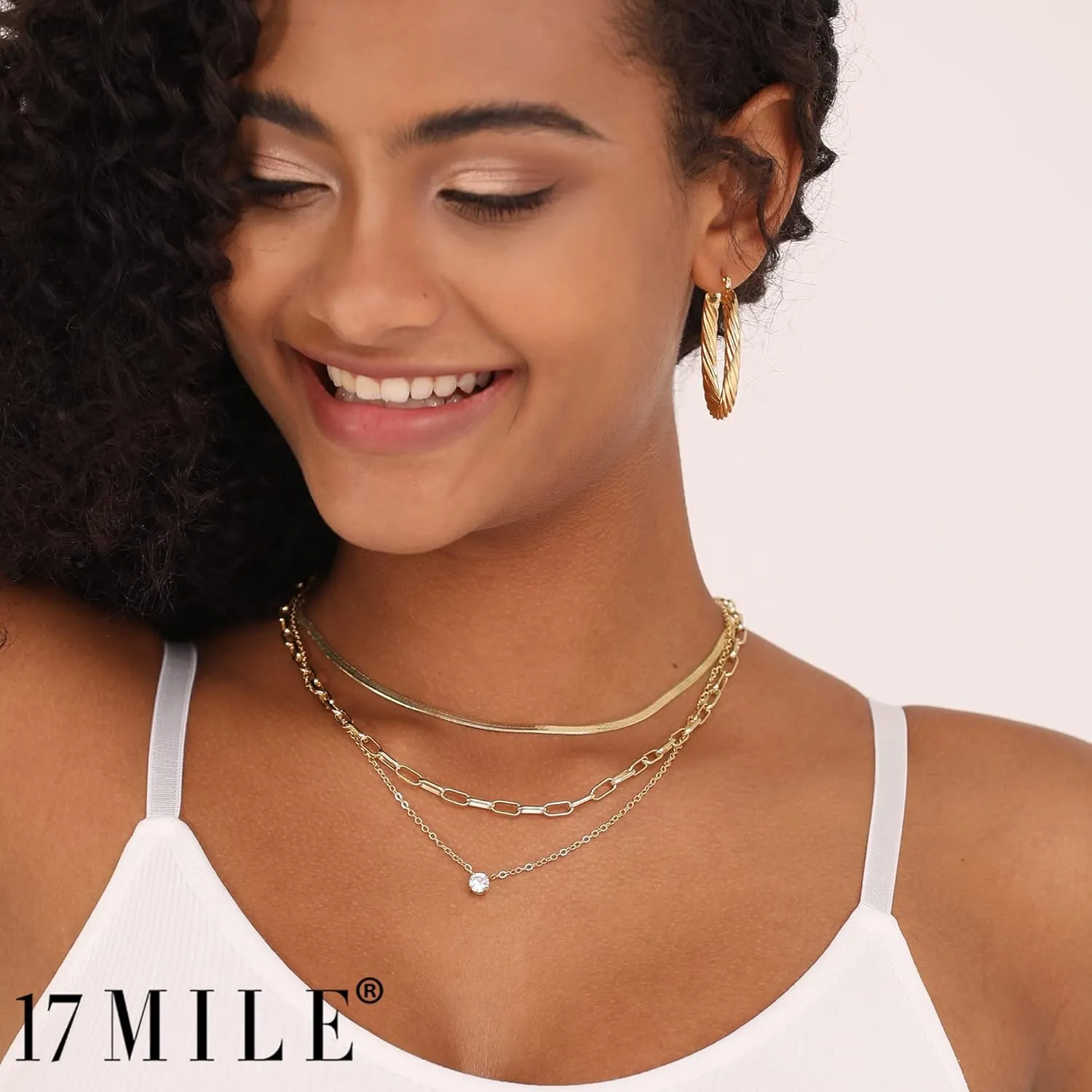 17 MILE Gold Layered Choker Necklace for Women, 14K Real Gold Plated CZ Pendant Necklace, Dainty Flat Snake Chain Layering Necklace for Gift
