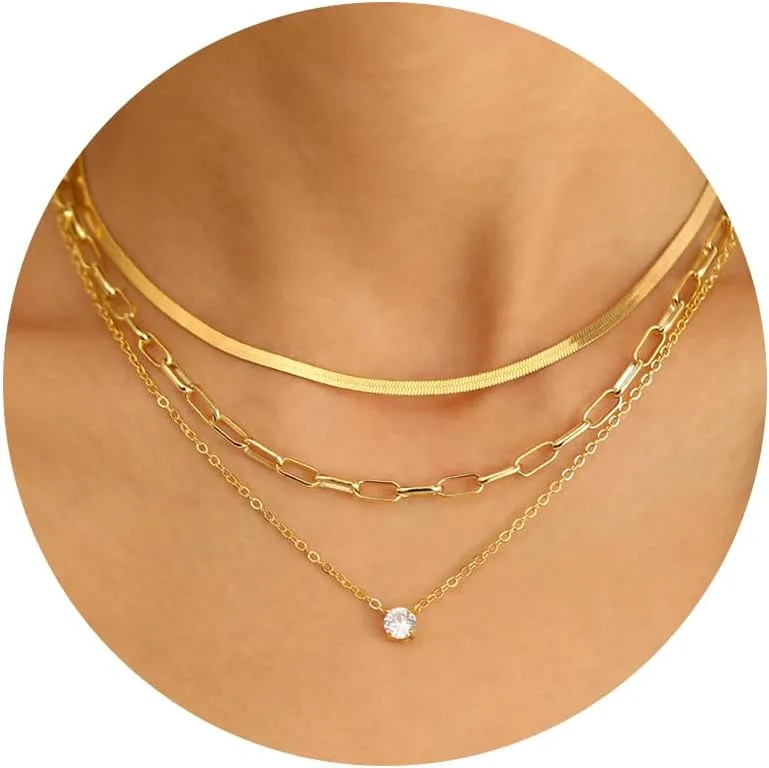 17 MILE Gold Layered Choker Necklace for Women, 14K Real Gold Plated CZ Pendant Necklace, Dainty Flat Snake Chain Layering Necklace for Gift