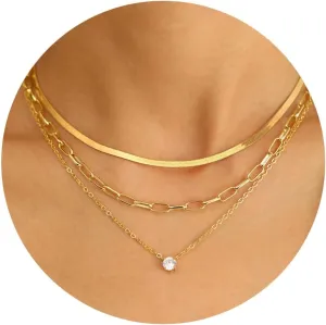 17 MILE Gold Layered Choker Necklace for Women, 14K Real Gold Plated CZ Pendant Necklace, Dainty Flat Snake Chain Layering Necklace for Gift
