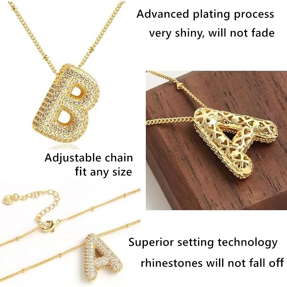 18k Bubble Letter Necklace Gold for Women, Rhinestone Gold A-Z Bubble Initial Necklace, Personalized Plated Letter Name Pendant Chunky Alphabet Necklace Birthday Jewelry Gifts