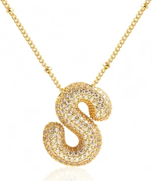 18k Bubble Letter Necklace Gold for Women, Rhinestone Gold A-Z Bubble Initial Necklace, Personalized Plated Letter Name Pendant Chunky Alphabet Necklace Birthday Jewelry Gifts