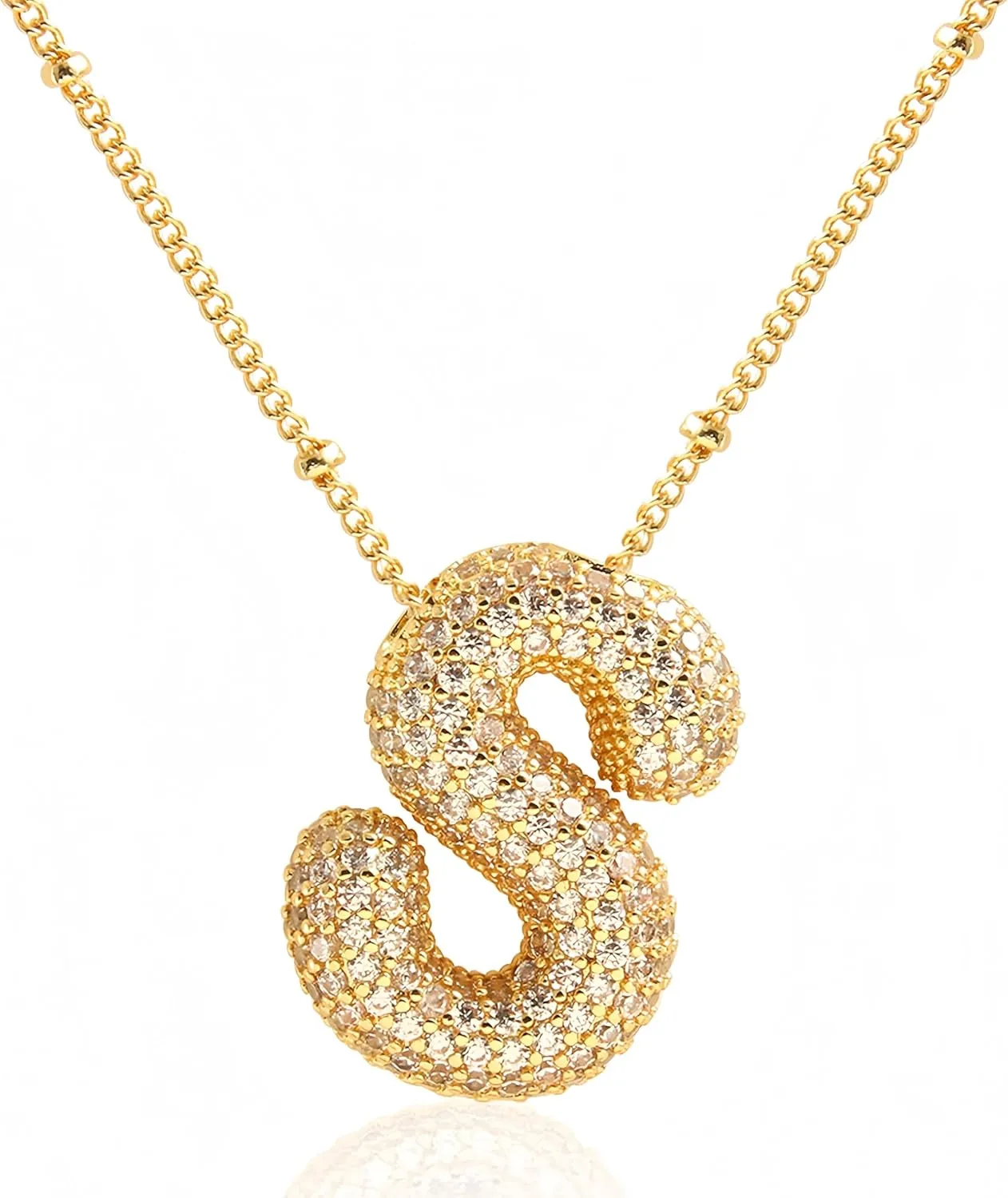 18k Bubble Letter Necklace Gold for Women, Rhinestone Gold A-Z Bubble Initial Necklace, Personalized Plated Letter Name Pendant Chunky Alphabet Necklace Birthday Jewelry Gifts
