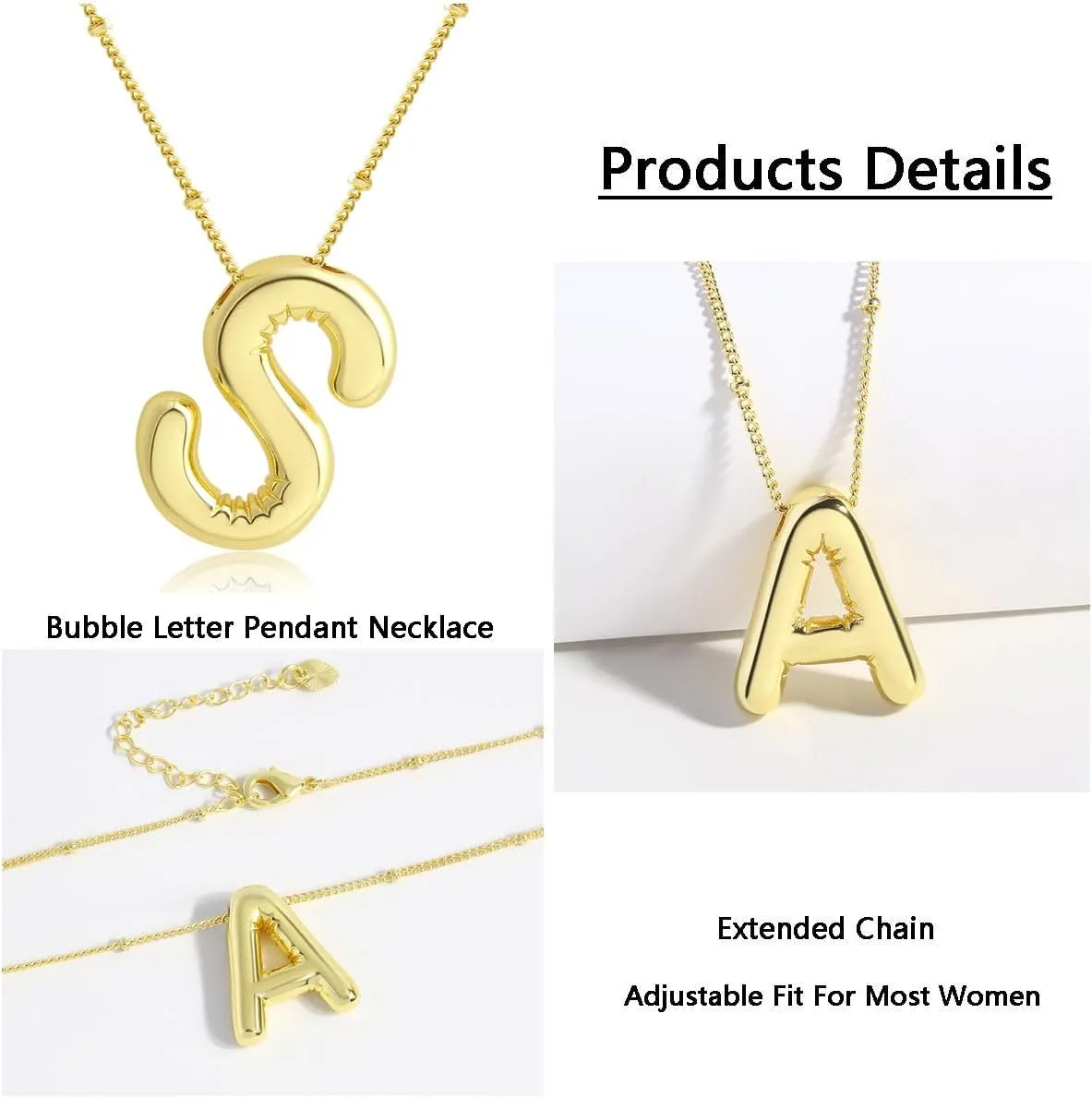 18K Gold Plated Bubble Letter Pendant Initial Necklace for WomenPuffy Design Balloon A-Z Alphabet Chain Necklaces for Women Jewelry