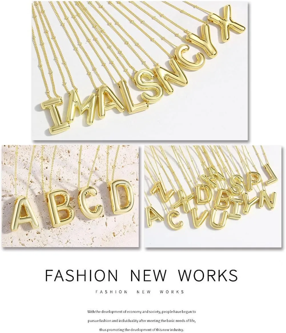 18K Gold Plated Bubble Letter Pendant Initial Necklace for WomenPuffy Design Balloon A-Z Alphabet Chain Necklaces for Women Jewelry