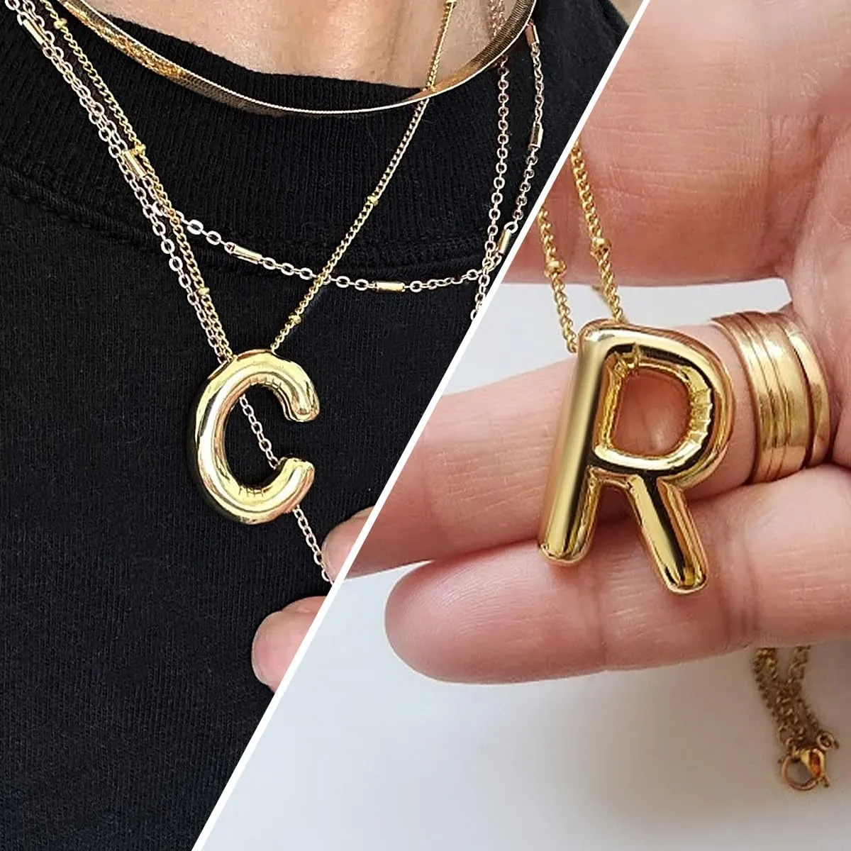 18K Gold Plated Bubble Letter Pendant Initial Necklace for WomenPuffy Design Balloon A-Z Alphabet Chain Necklaces for Women Jewelry