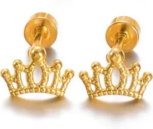 18K Gold Plated Crown Stud Earrings  Dainty Royal Princess Earrings, Hypoallergenic Stainless Steel Jewelry, Elegant Minimalist Studs