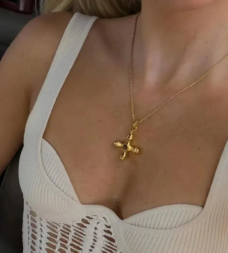 18K Plated Gold Cross Necklace Chunky Cross Necklace Summer Necklaces Vintage Necklace Y2k