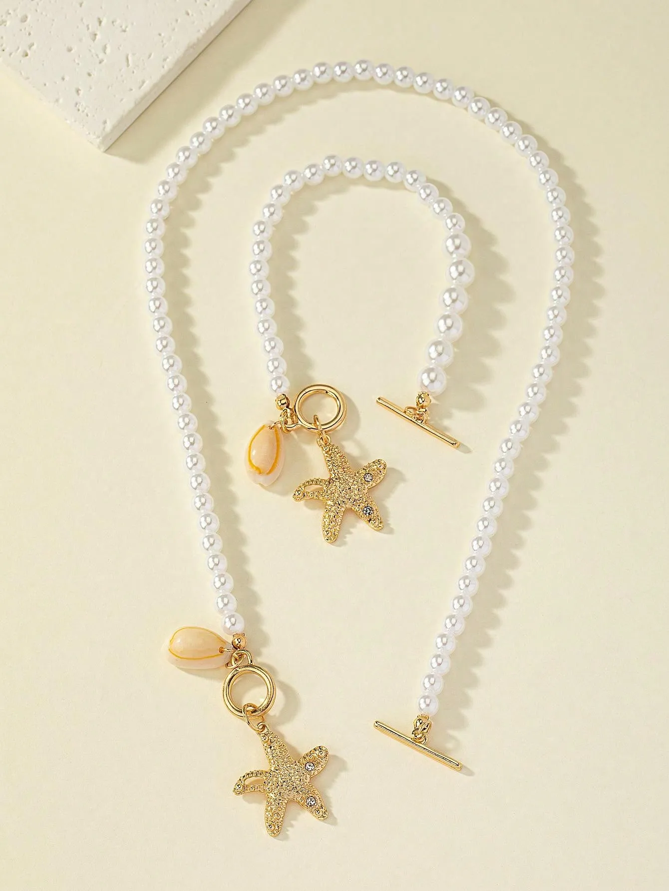 1pc Starfish Shell Pendant Necklace & 1pc Wave Beaded Bracelet Set Bohemian