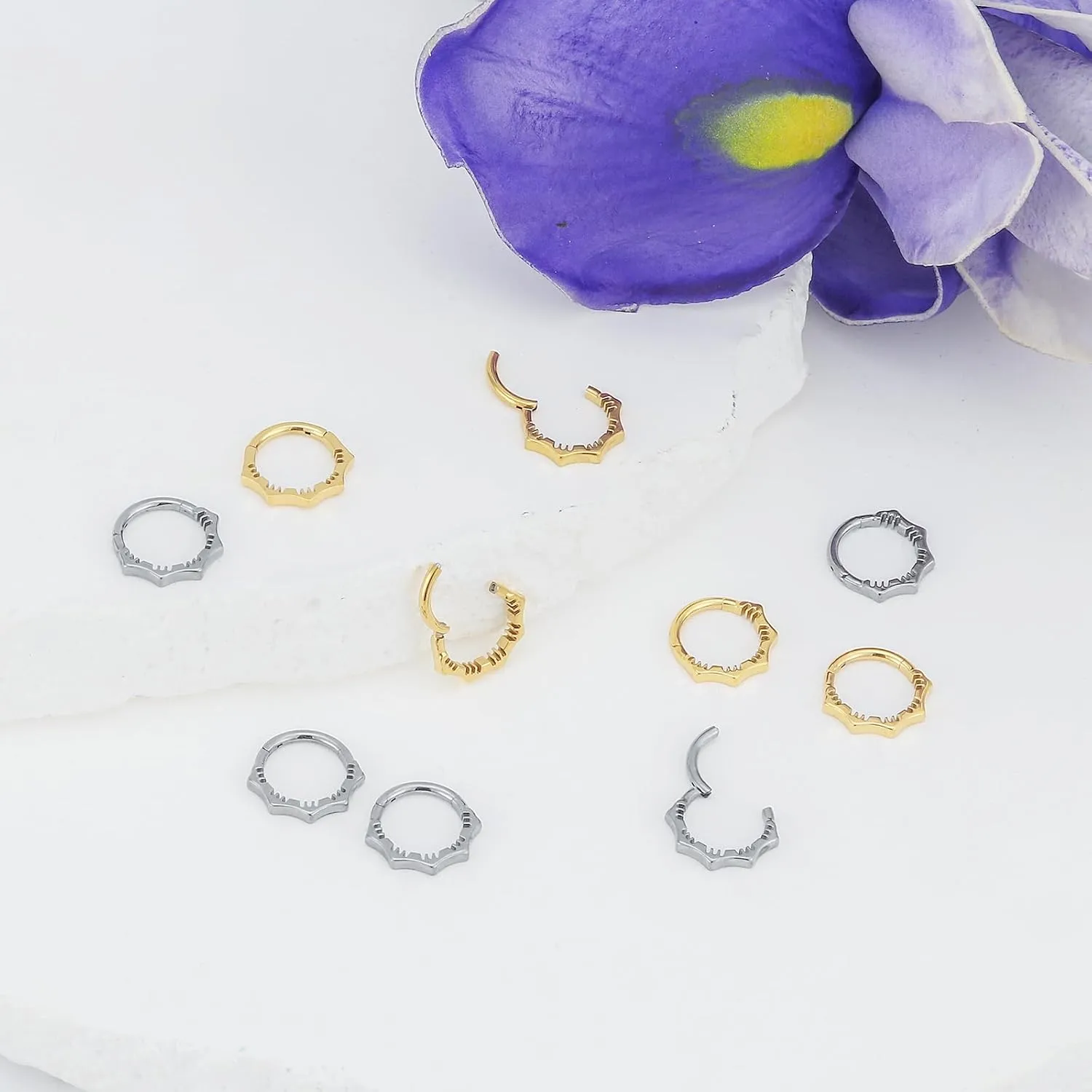 1Pcs 16G Titanium Nose Rings Silver Flower Hinged Septum Ring 16 Gauge 7mm 8mm 10mm Daith Hoop Earring Stacked Septum Rook Clicker Piercing