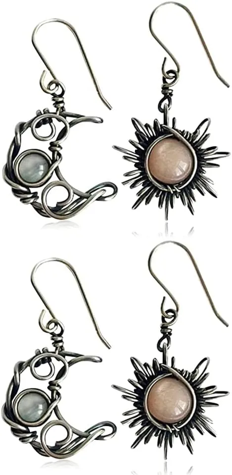 2 Pairs Unique Chic Abstract Hollow Black Vintage Silver Asymmetry Moon Star Sun Dangle Drop Earrings Black Moonstone Moon Hypoallergenic Earrings Statement Jewelry Gifts for Women