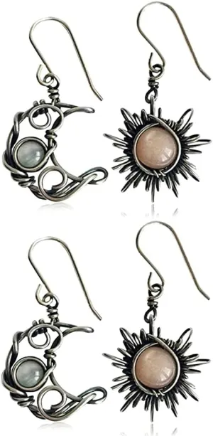 2 Pairs Unique Chic Abstract Hollow Black Vintage Silver Asymmetry Moon Star Sun Dangle Drop Earrings Black Moonstone Moon Hypoallergenic Earrings Statement Jewelry Gifts for Women