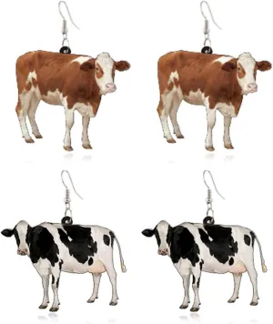 2 Pairs Unique Creative Funny Acrylic Cartoon Cow Dangle Earrings Cute Chic Dairy Cattle Animal Drop Hook Earrings Sets for Women Statement Jewelry Gifts