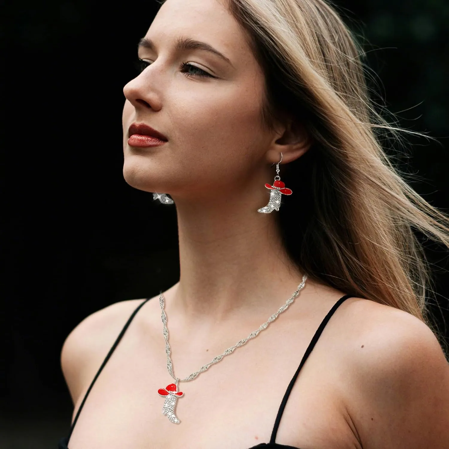 2 Pcs Cowgirl Jewelry Set for Women Sparkly Rhinestone Cowgirl Earrings Cowboy Boots Necklace Chic Enamel Hat Boot Charm Western Jewelry for Women