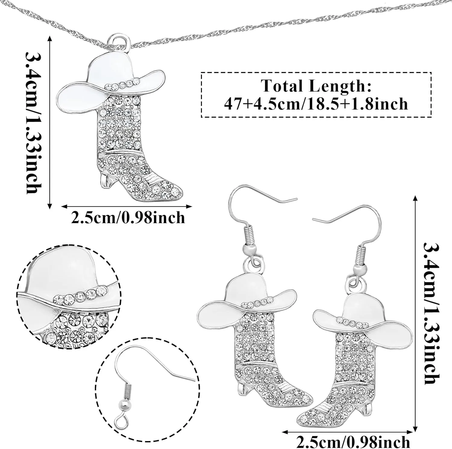 2 Pcs Cowgirl Jewelry Set for Women Sparkly Rhinestone Cowgirl Earrings Cowboy Boots Necklace Chic Enamel Hat Boot Charm Western Jewelry for Women