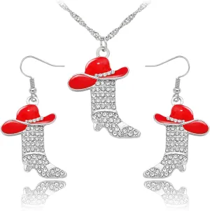 2 Pcs Cowgirl Jewelry Set for Women Sparkly Rhinestone Cowgirl Earrings Cowboy Boots Necklace Chic Enamel Hat Boot Charm Western Jewelry for Women