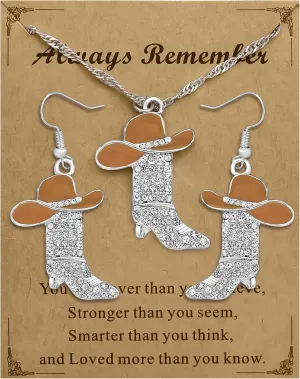 2 Pcs Cowgirl Jewelry Set for Women Sparkly Rhinestone Cowgirl Earrings Cowboy Boots Necklace Chic Enamel Hat Boot Charm Western Jewelry for Women