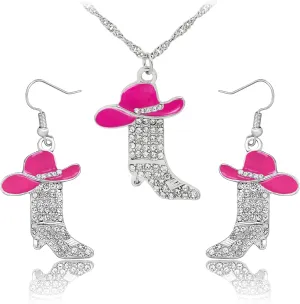 2 Pcs Cowgirl Jewelry Set for Women Sparkly Rhinestone Cowgirl Earrings Cowboy Boots Necklace Chic Enamel Hat Boot Charm Western Jewelry for Women