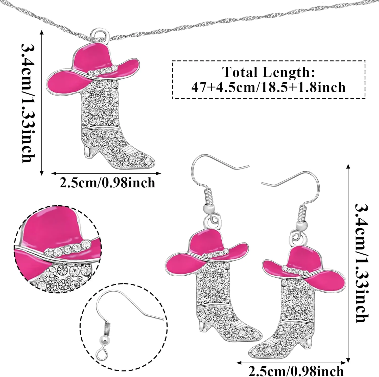 2 Pcs Cowgirl Jewelry Set for Women Sparkly Rhinestone Cowgirl Earrings Cowboy Boots Necklace Chic Enamel Hat Boot Charm Western Jewelry for Women