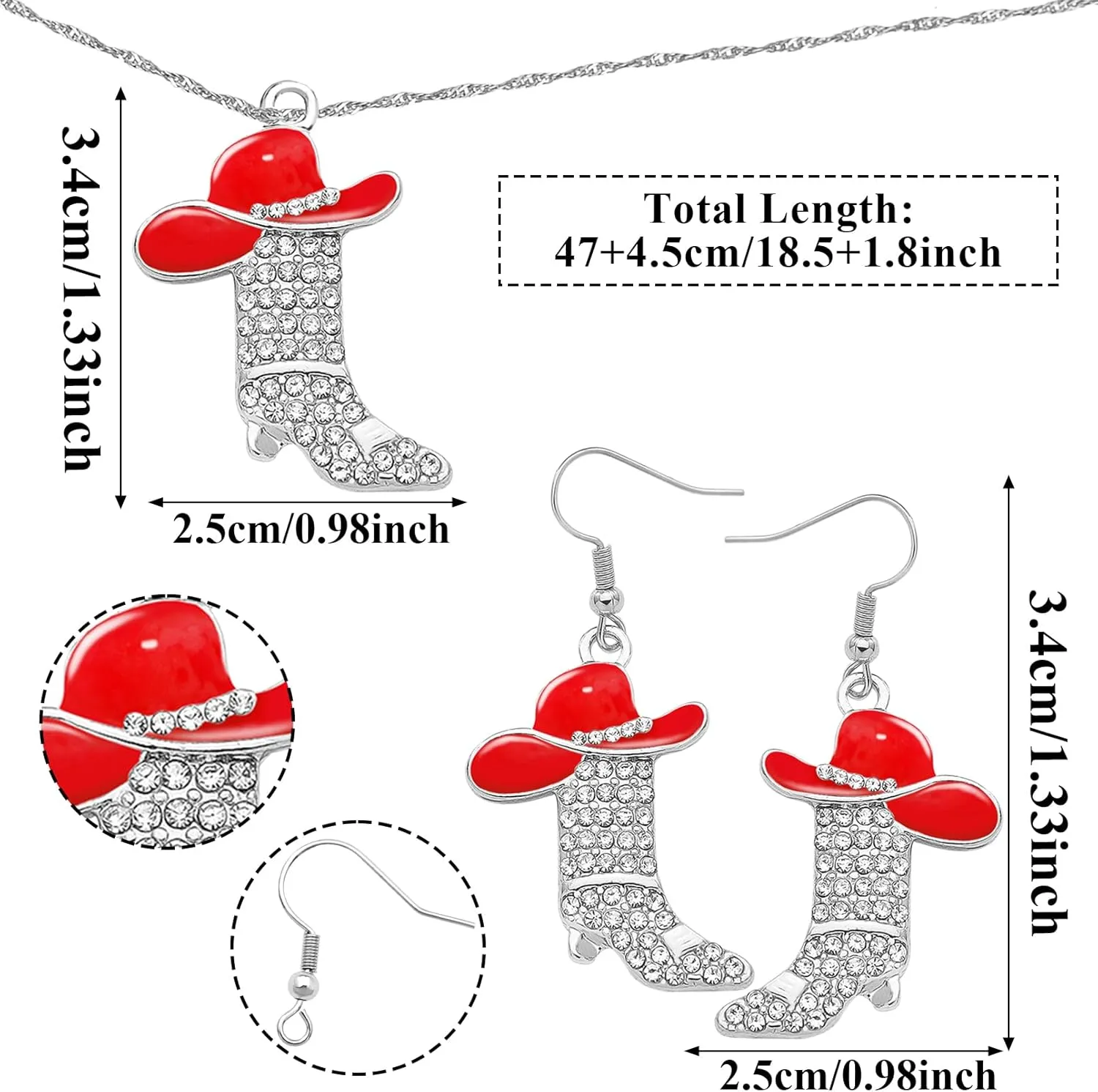 2 Pcs Cowgirl Jewelry Set for Women Sparkly Rhinestone Cowgirl Earrings Cowboy Boots Necklace Chic Enamel Hat Boot Charm Western Jewelry for Women