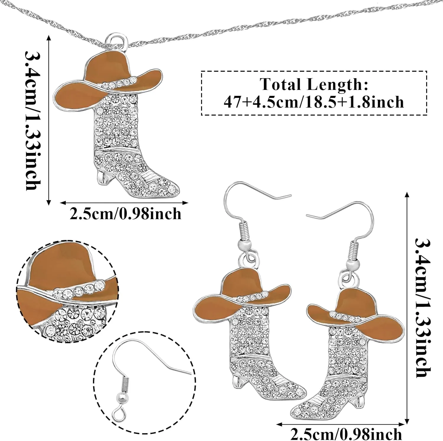 2 Pcs Cowgirl Jewelry Set for Women Sparkly Rhinestone Cowgirl Earrings Cowboy Boots Necklace Chic Enamel Hat Boot Charm Western Jewelry for Women