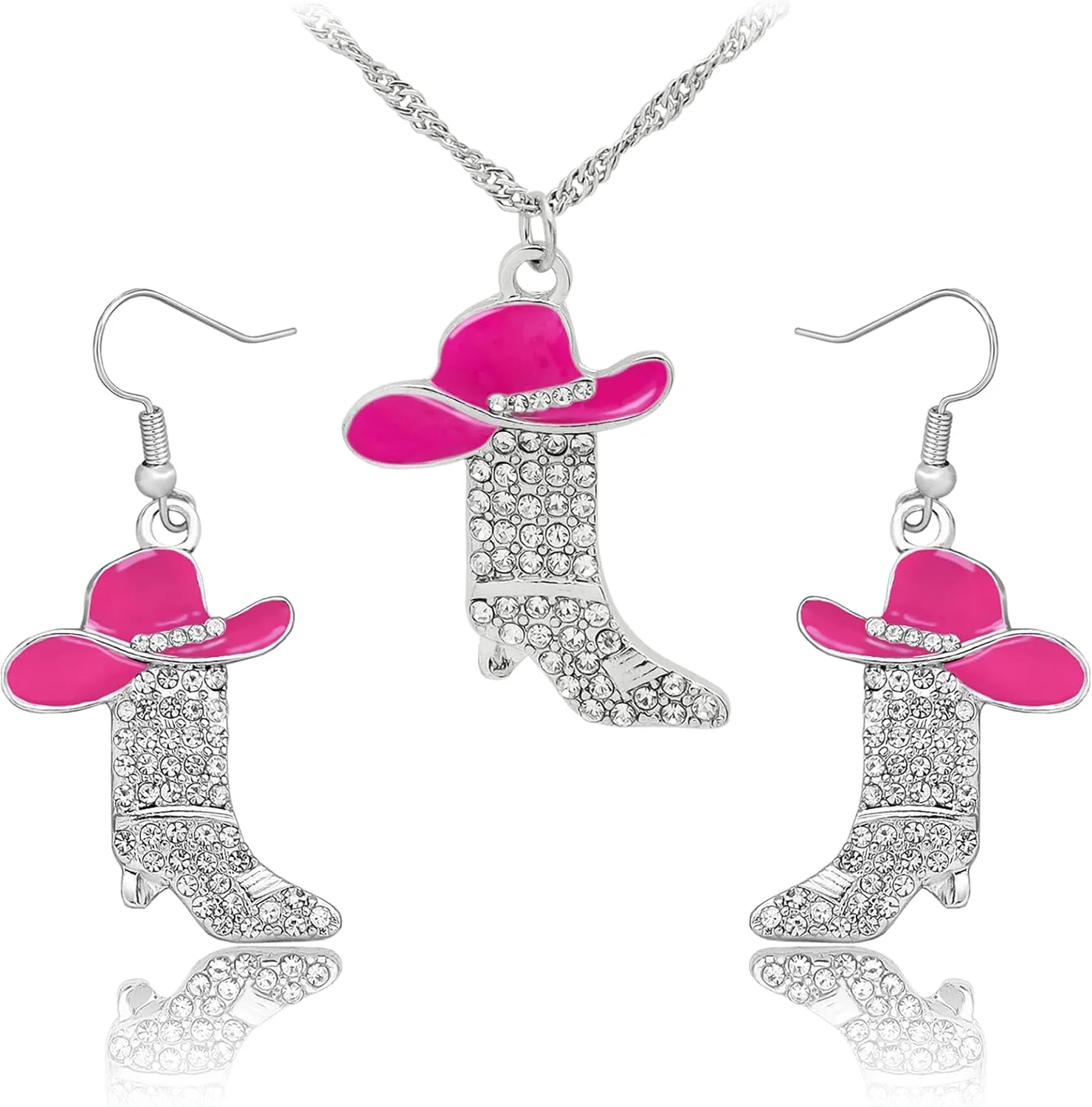 2 Pcs Cowgirl Jewelry Set for Women Sparkly Rhinestone Cowgirl Earrings Cowboy Boots Necklace Chic Enamel Hat Boot Charm Western Jewelry for Women