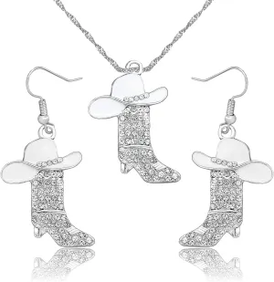 2 Pcs Cowgirl Jewelry Set for Women Sparkly Rhinestone Cowgirl Earrings Cowboy Boots Necklace Chic Enamel Hat Boot Charm Western Jewelry for Women