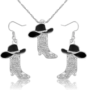 2 Pcs Cowgirl Jewelry Set for Women Sparkly Rhinestone Cowgirl Earrings Cowboy Boots Necklace Chic Enamel Hat Boot Charm Western Jewelry for Women