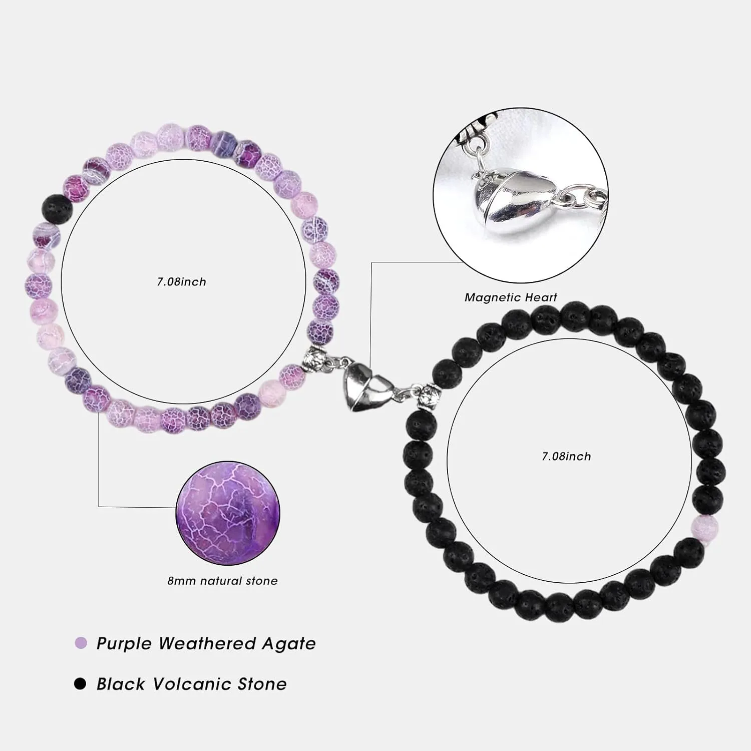 2 PCS Magnetic Bracelets for Couples Love Bracelets,Distance Healing Crystal Braceletsm Matching Heart Bracelet for Lover Him & Her Boyfriend Girlfriend Valentine's Day Gifts(Purple   Black)