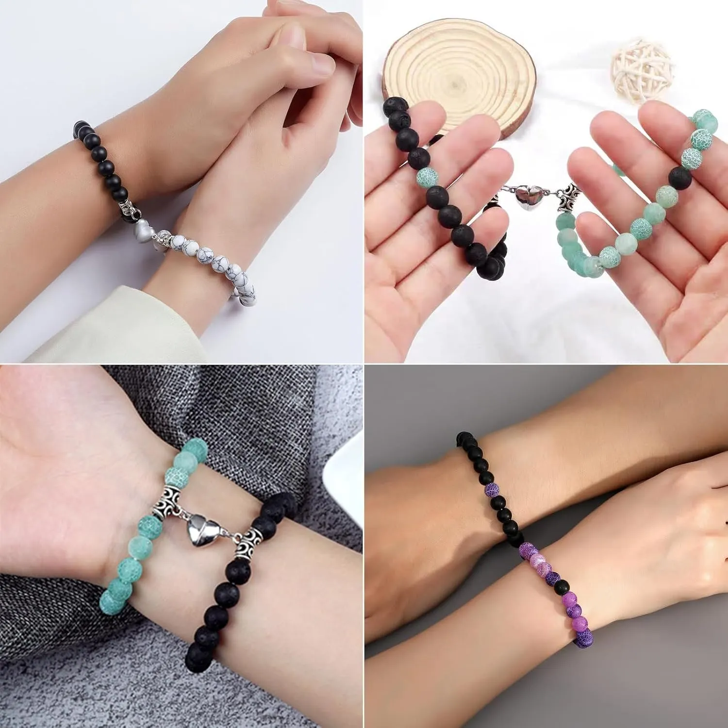 2 PCS Magnetic Bracelets for Couples Love Bracelets,Distance Healing Crystal Braceletsm Matching Heart Bracelet for Lover Him & Her Boyfriend Girlfriend Valentine's Day Gifts(Purple   Black)