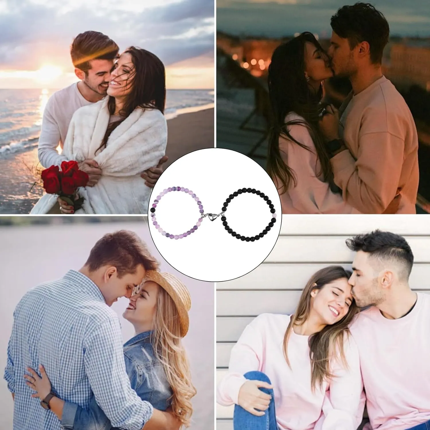 2 PCS Magnetic Bracelets for Couples Love Bracelets,Distance Healing Crystal Braceletsm Matching Heart Bracelet for Lover Him & Her Boyfriend Girlfriend Valentine's Day Gifts(Purple   Black)