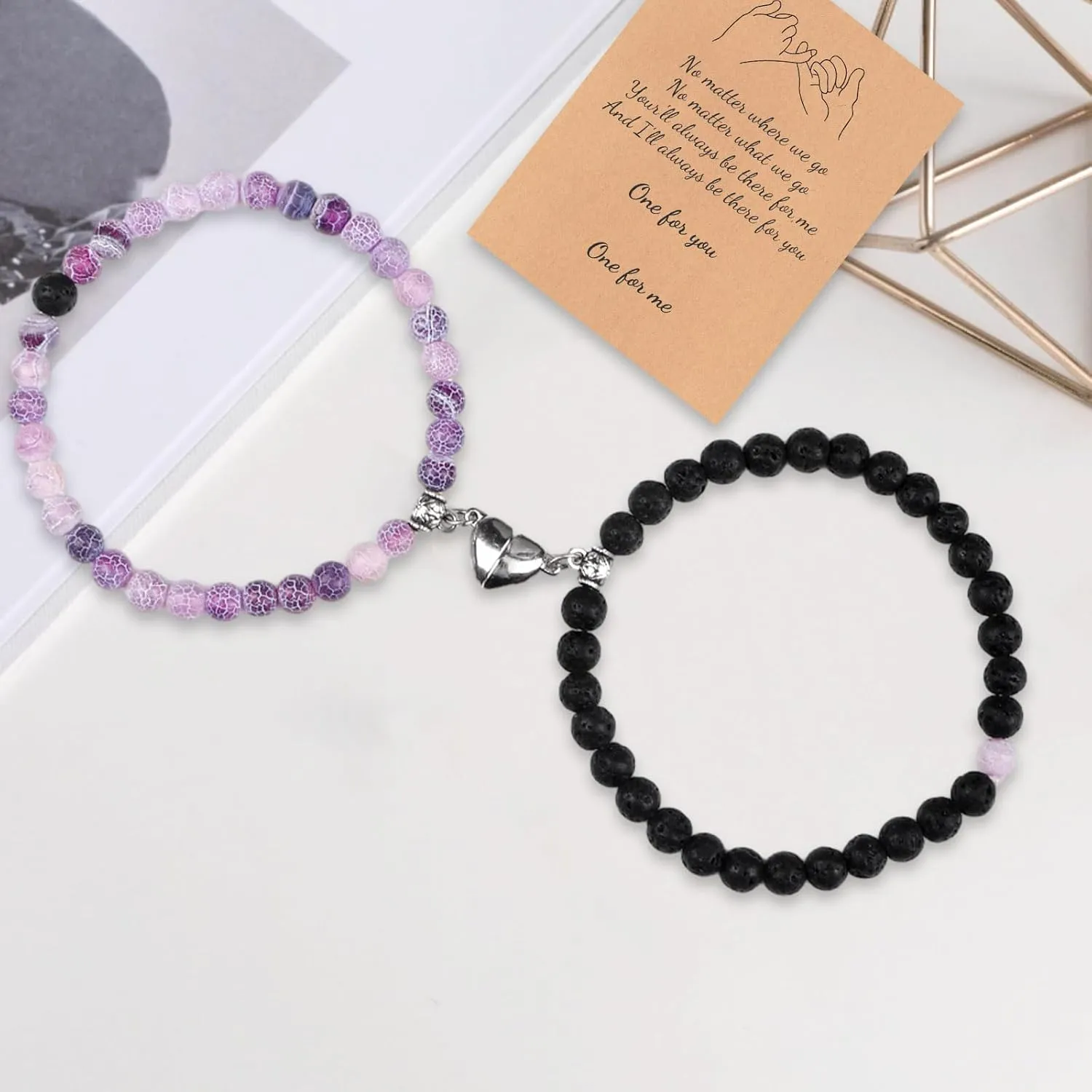 2 PCS Magnetic Bracelets for Couples Love Bracelets,Distance Healing Crystal Braceletsm Matching Heart Bracelet for Lover Him & Her Boyfriend Girlfriend Valentine's Day Gifts(Purple   Black)