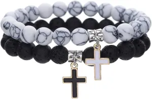 2 Pieces White Turquoise Black Beaded Bracelet for Women Unisex Cross Pendant Couple Bracelet Beads Stretch Bracelets Fashion Texture Design Jewelry Set