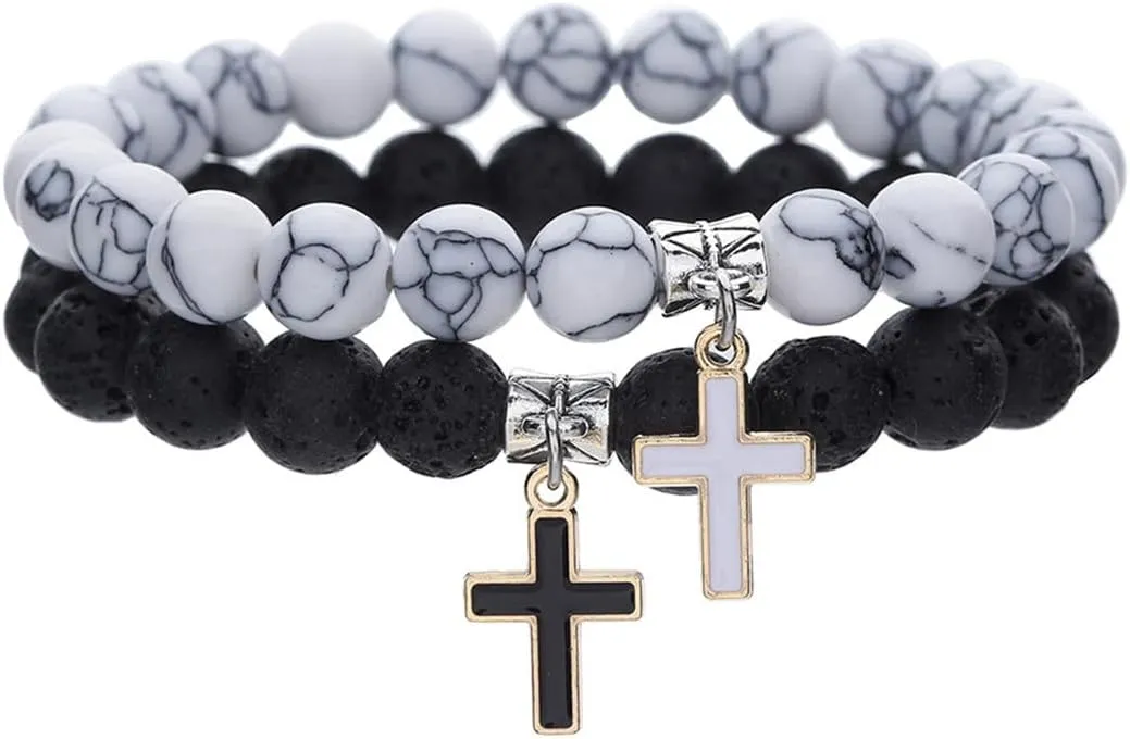 2 Pieces White Turquoise Black Beaded Bracelet for Women Unisex Cross Pendant Couple Bracelet Beads Stretch Bracelets Fashion Texture Design Jewelry Set