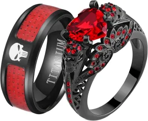 2 Skull Rings His and Hers Couple Rings Skeleton Black Rings Heart Red Cz Womens Wedding Ring Punk Titanium Steel Mens Wedding Bands