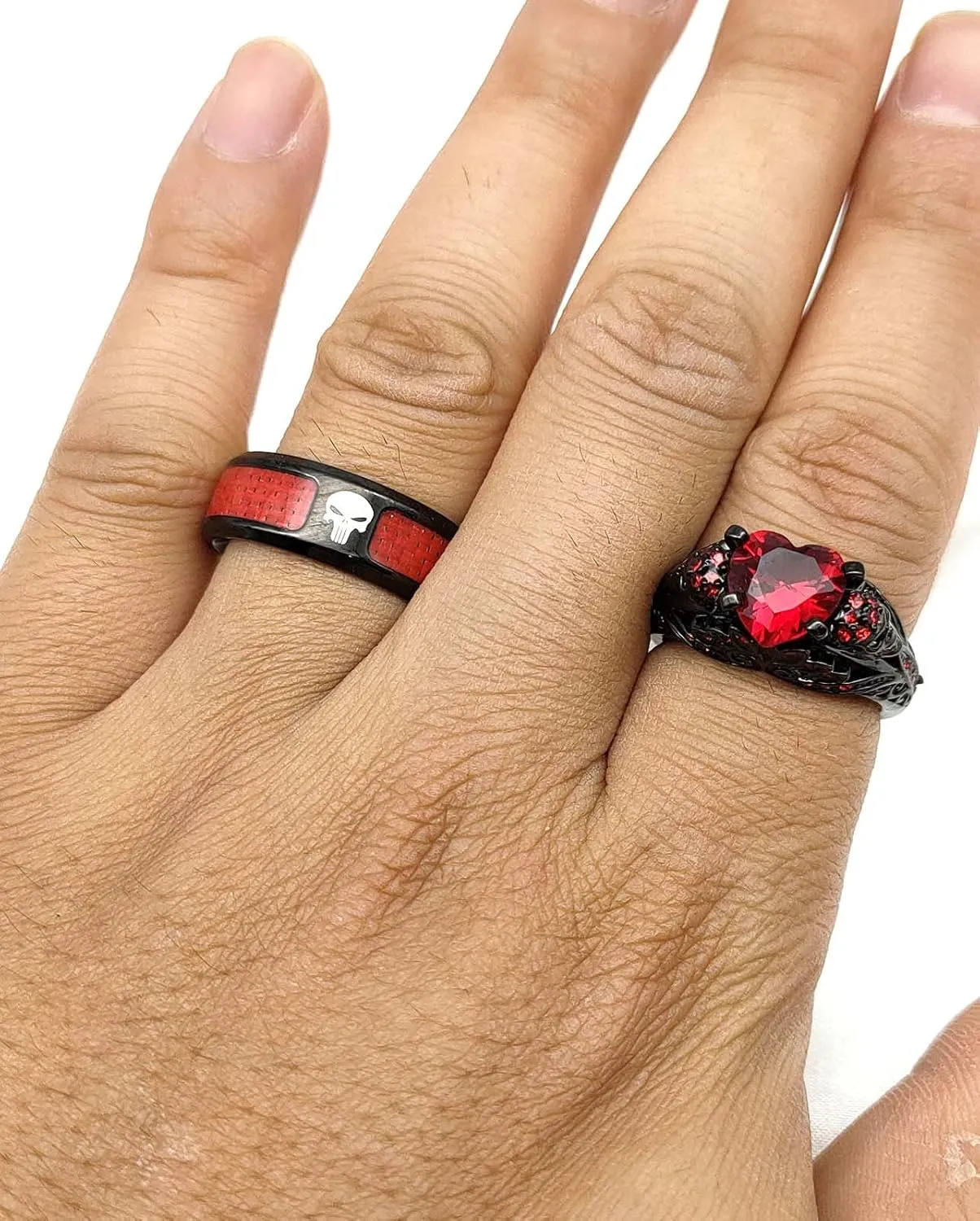 2 Skull Rings His and Hers Couple Rings Skeleton Black Rings Heart Red Cz Womens Wedding Ring Punk Titanium Steel Mens Wedding Bands
