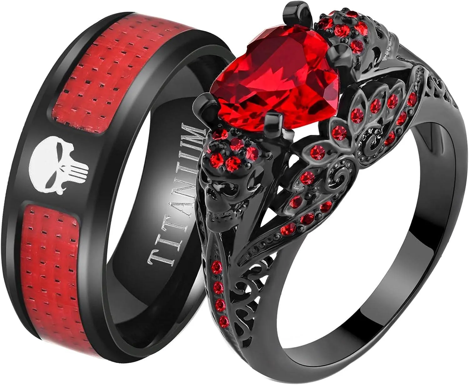2 Skull Rings His and Hers Couple Rings Skeleton Black Rings Heart Red Cz Womens Wedding Ring Punk Titanium Steel Mens Wedding Bands