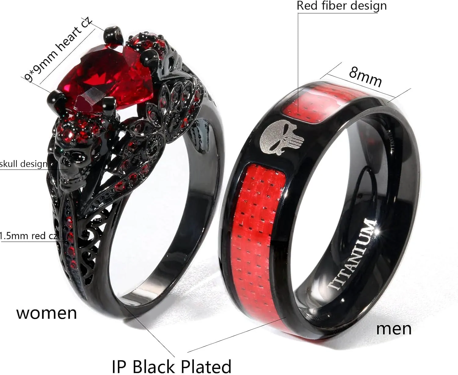 2 Skull Rings His and Hers Couple Rings Skeleton Black Rings Heart Red Cz Womens Wedding Ring Punk Titanium Steel Mens Wedding Bands