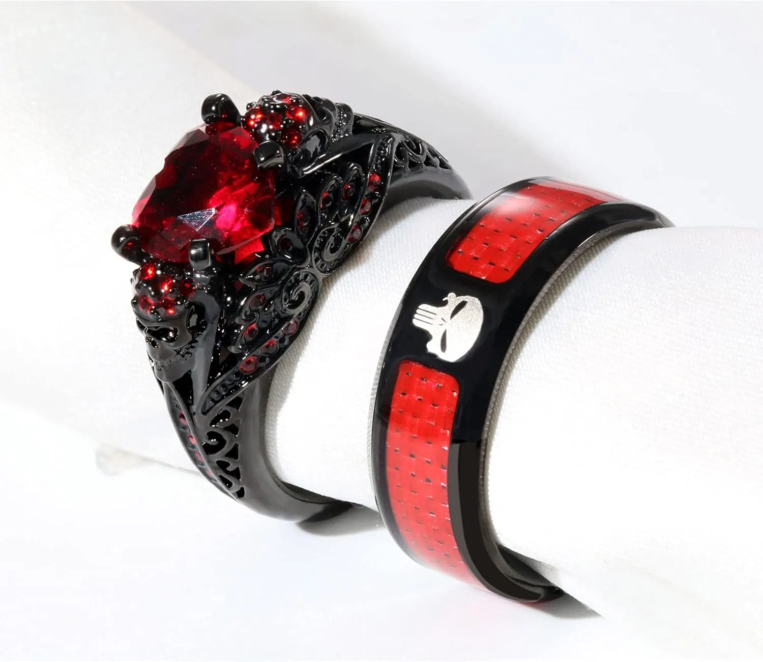 2 Skull Rings His and Hers Couple Rings Skeleton Black Rings Heart Red Cz Womens Wedding Ring Punk Titanium Steel Mens Wedding Bands