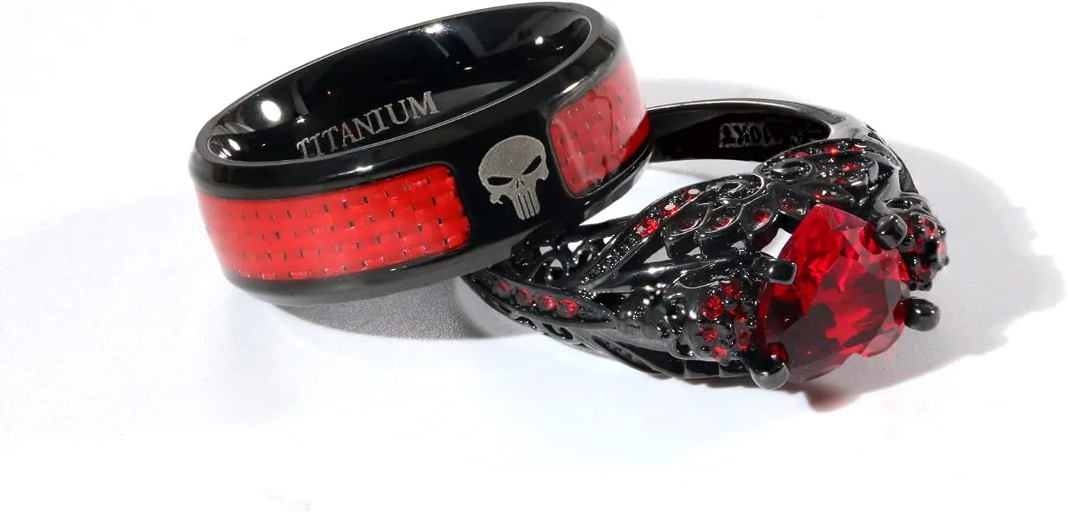 2 Skull Rings His and Hers Couple Rings Skeleton Black Rings Heart Red Cz Womens Wedding Ring Punk Titanium Steel Mens Wedding Bands