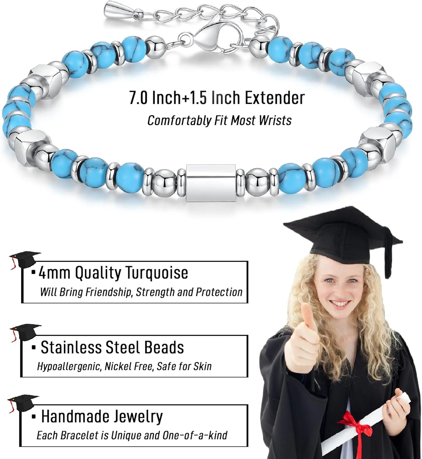 2025 Graduation Gifts for Her/Girls/Women, Tiny Gemstone Graduation Bracelet with Unique Cap Gift Box
