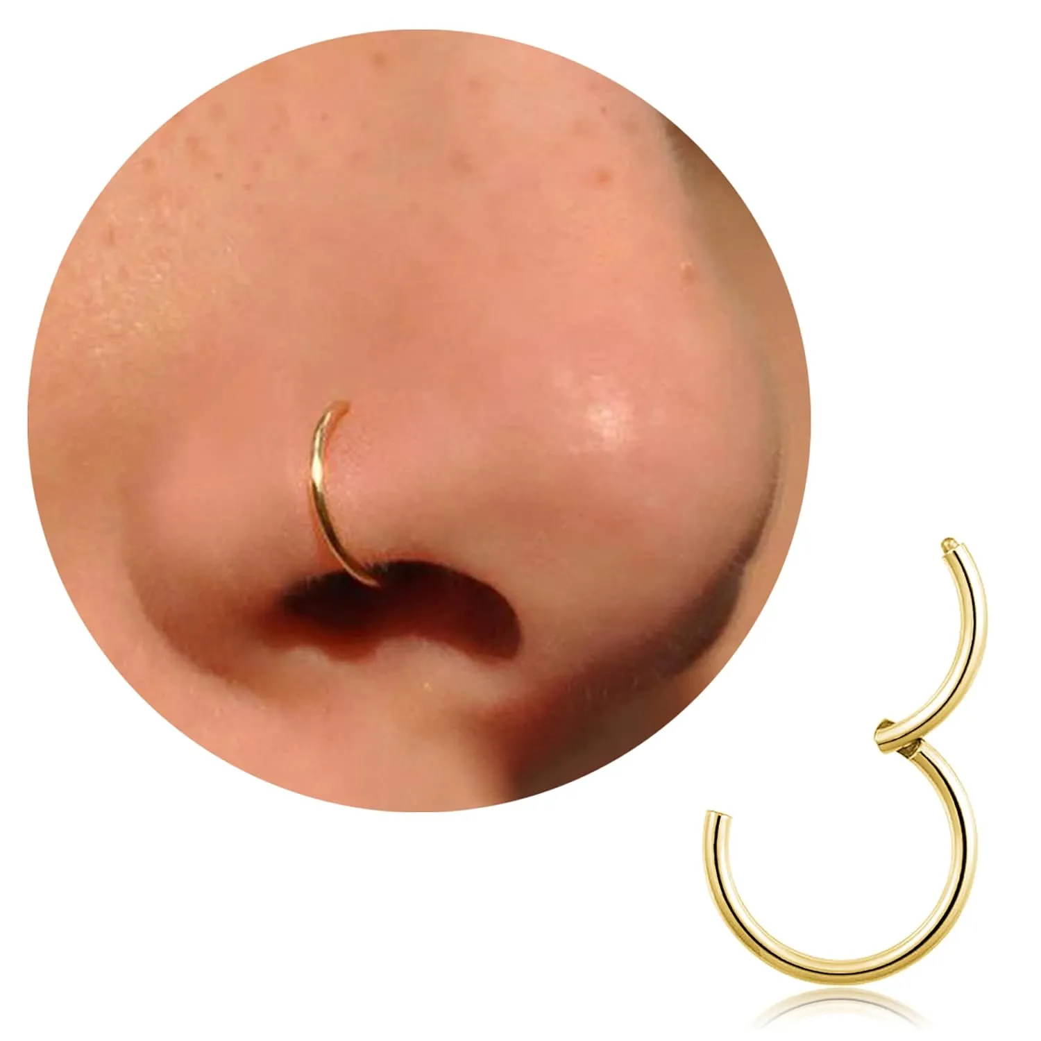 20G 18G 16G Titanium Nose Ring Hoop, Cartilage Hoop Earrings for Women Men Silver Gold Nose Ring Septum Ring Tragus Conch Helix Daith Lip Piercing Jewelry 6mm/7mm/8mm/9mm/10mm (Gold-20g, 8mm)