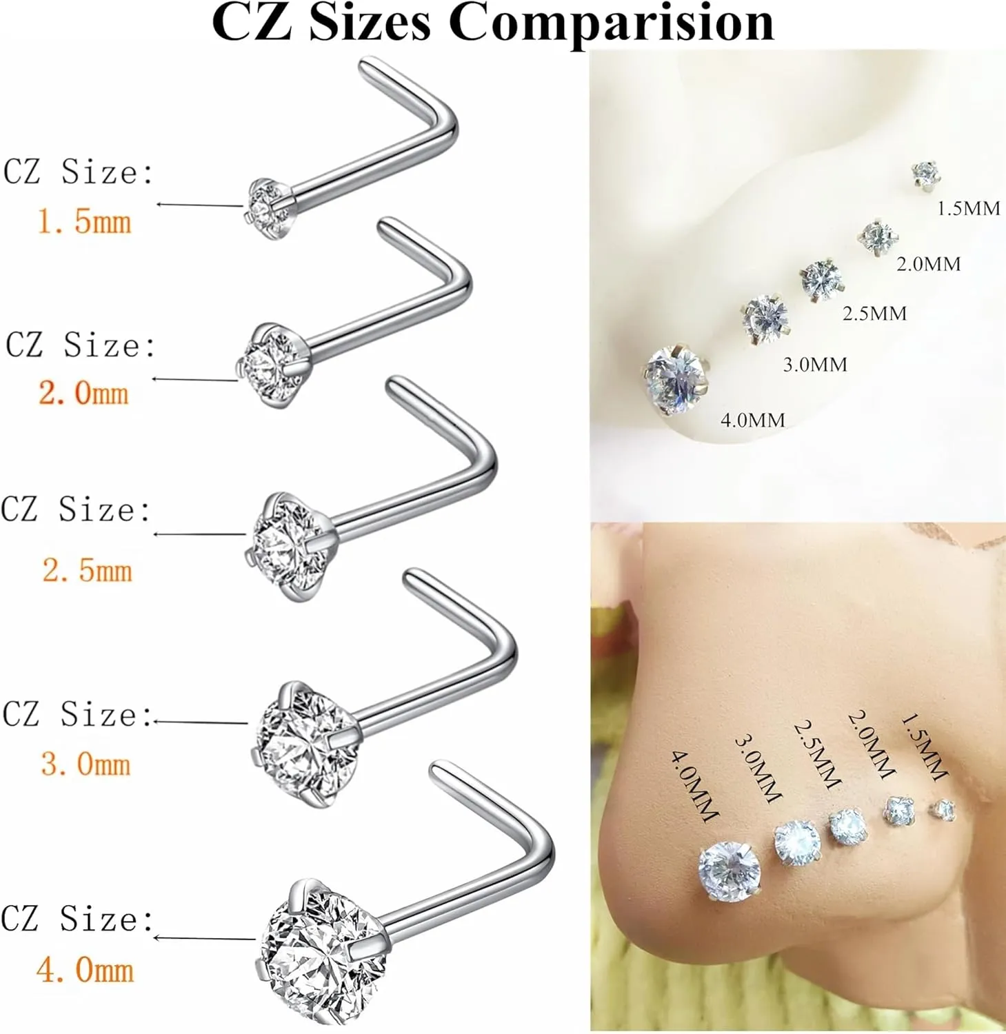 20G Nose Rings Hoops Studs, Stainless Steel Round CZ L Shaped Nose Screw Straight Studs, Hypoallergenic Diamond Double Nose Hoops, Clear Nose Rings For Women Men Nostril Piercing Jewelry