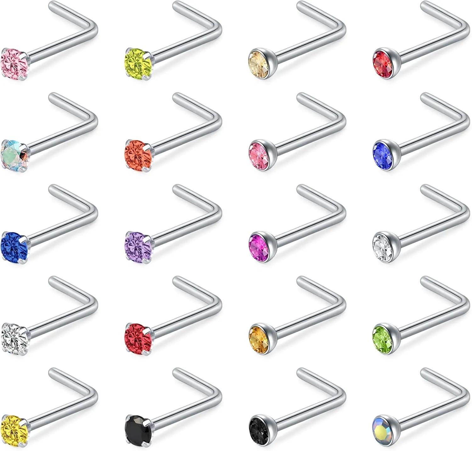 20G Nose Rings Hoops Studs, Stainless Steel Round CZ L Shaped Nose Screw Straight Studs, Hypoallergenic Diamond Double Nose Hoops, Clear Nose Rings For Women Men Nostril Piercing Jewelry