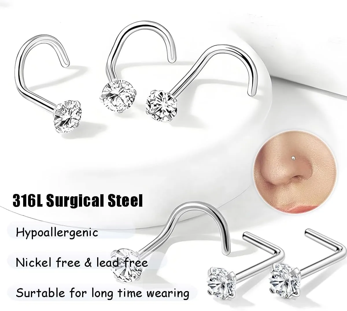 20G Nose Rings Hoops Studs, Stainless Steel Round CZ L Shaped Nose Screw Straight Studs, Hypoallergenic Diamond Double Nose Hoops, Clear Nose Rings For Women Men Nostril Piercing Jewelry